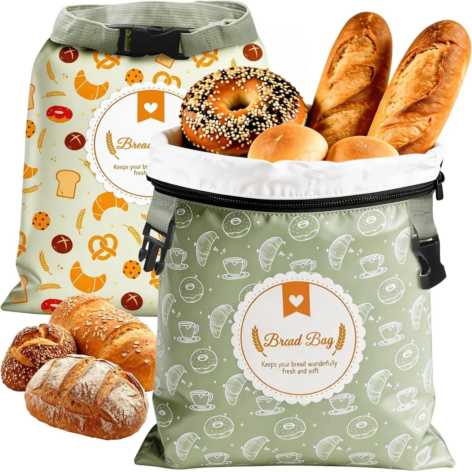 2 Pack Bread Bags for Homemade Bread, 17"×13"  Bread Bag for  Keeping with Lining & Zipper, Freezer Safe & ,  Giving (Green & Yellow)
