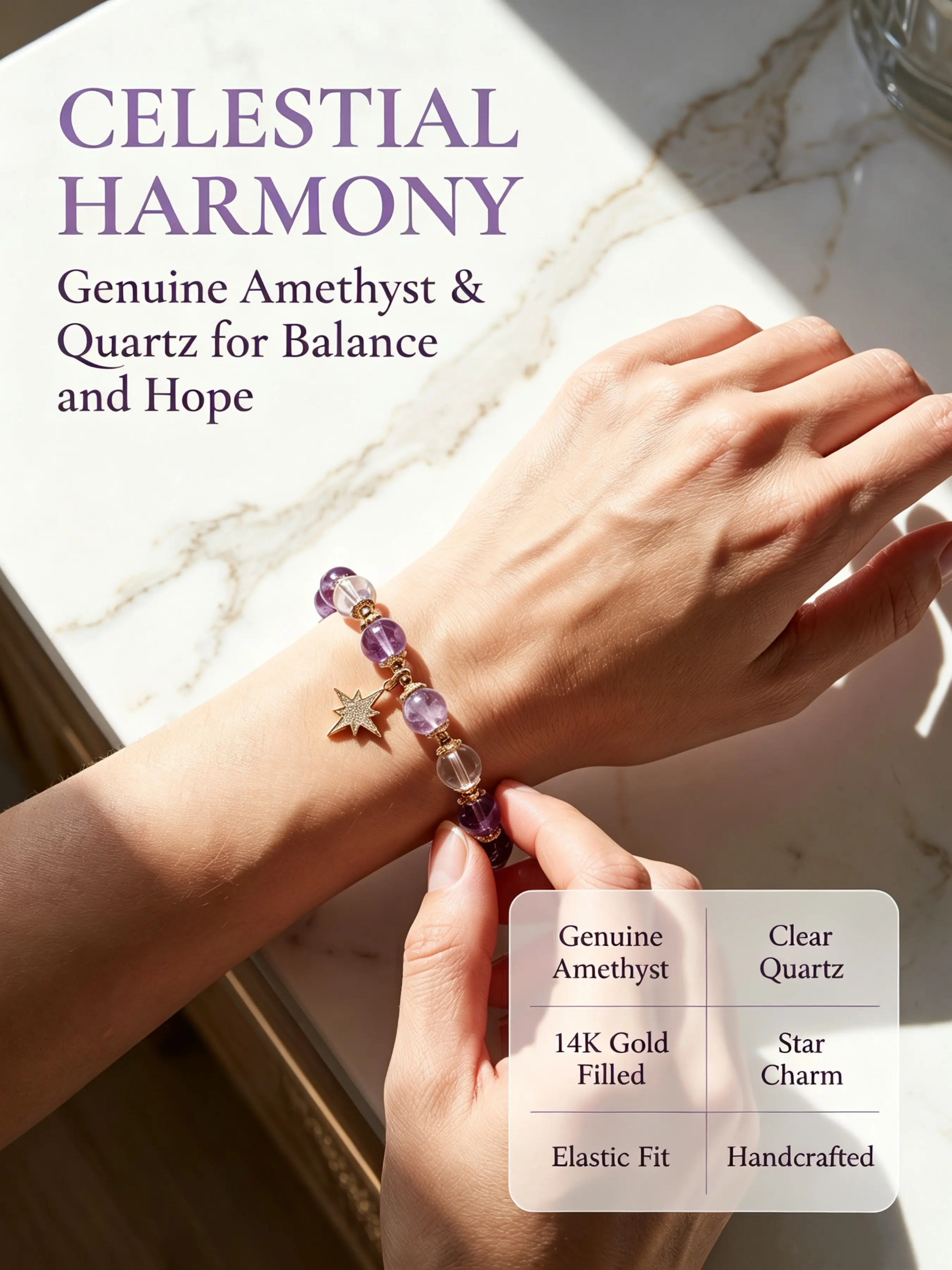 Natural Amethyst Crystal Star Pendant Bracelet, Chakra Balance Positive Energy, Elegant Daily Luxury Jewelry for Women