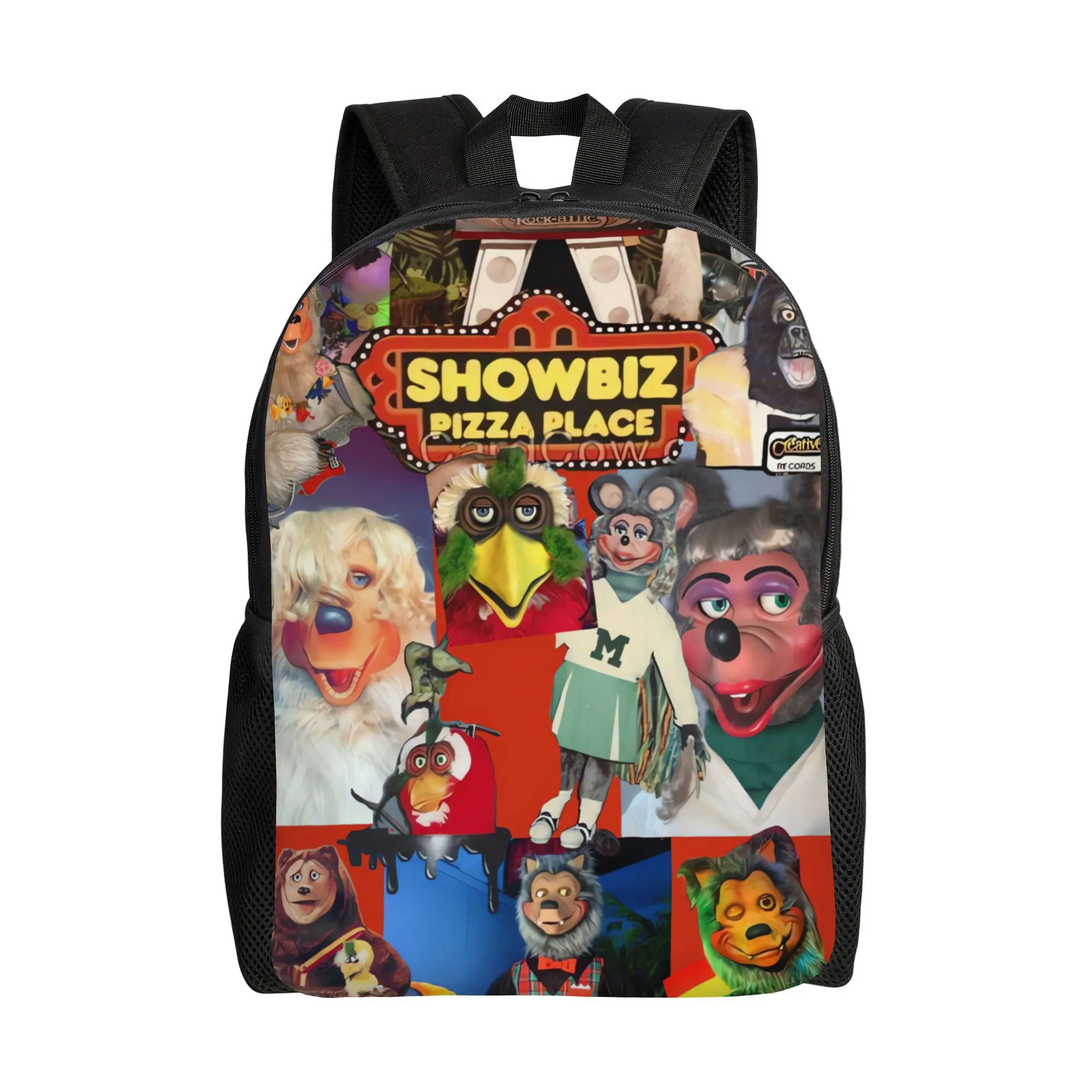 Retro Showbiz Pizza Unisex Backpack, 80s Animated Collage Print Laptop Daypack for Collectors, 600D Oxford, Adjustable Shoulder Straps, 15-Inch Laptop Compatibility, Back to School Haul, First Day School GRWM, Embroidering