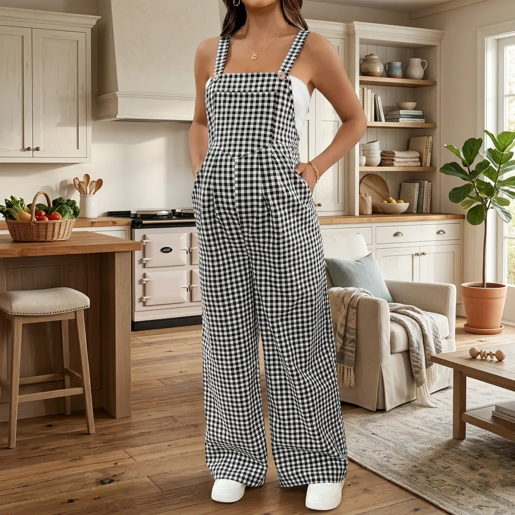 Dadamayar Women's Maternity Gingham Overalls, Breathable Sleeveless Cottagecore Jumpsuit with Pockets, Loose Wide-Leg Romper for Summer, Loose Fit, Wide Legs, Inverted Pleats, Skin Friendly, Safe clothing apparel