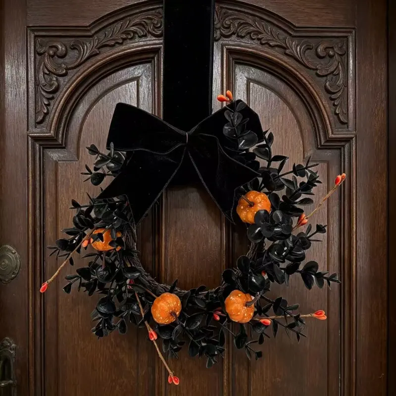 New Fall Halloween Decorative Wreath with Black Velvet Bow Artificial Pumpkin Berry Eucalyptus Front Door Wall Hanging Decor