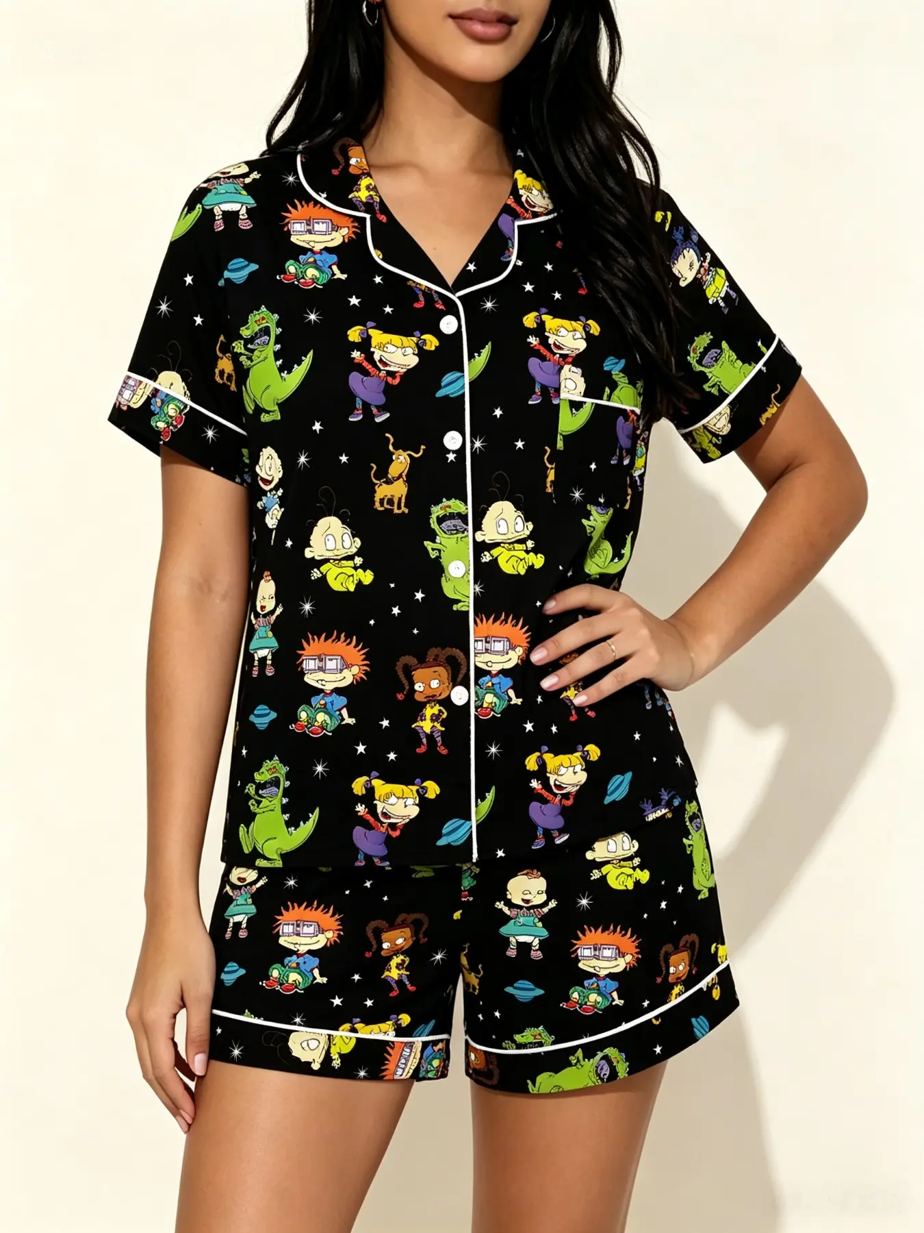 Teen Cute Retro Cartoon Print Pajama Set, Short Sleeve Button-Up Top + Elastic Shorts, Breathable Summer Sleepwear, Perfect Gift