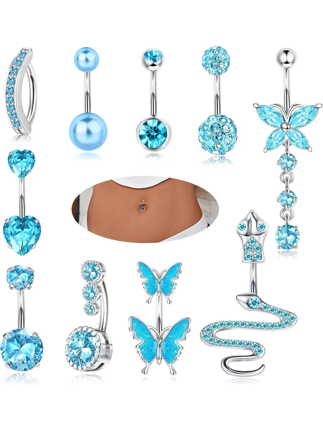 10pcs 14g Belly Button Bars for Women, Surgical Steel Blue Cz Butterfly Snake Clicker, Navel Rings Belly Piercing Set, Body Piercing Jewellery