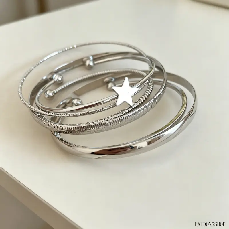 Women 6Pcs Stackable Wrist Jewelry Set, Western Trend Bracelets & Bangles With Printed Star Pattern, Elegant Multi-style Combo Pack, Versatile Layered Accessory For Daily Street Casual Vacation Festival Outfits,ideal,christmas,gift