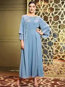 Elegant Blue Robe, Asymmetrical Shoulder Leaf Embroidery Long Dress, Women's Double Layer Chiffon Bell Sleeve Abaya, Middle Eastern Dubai Style