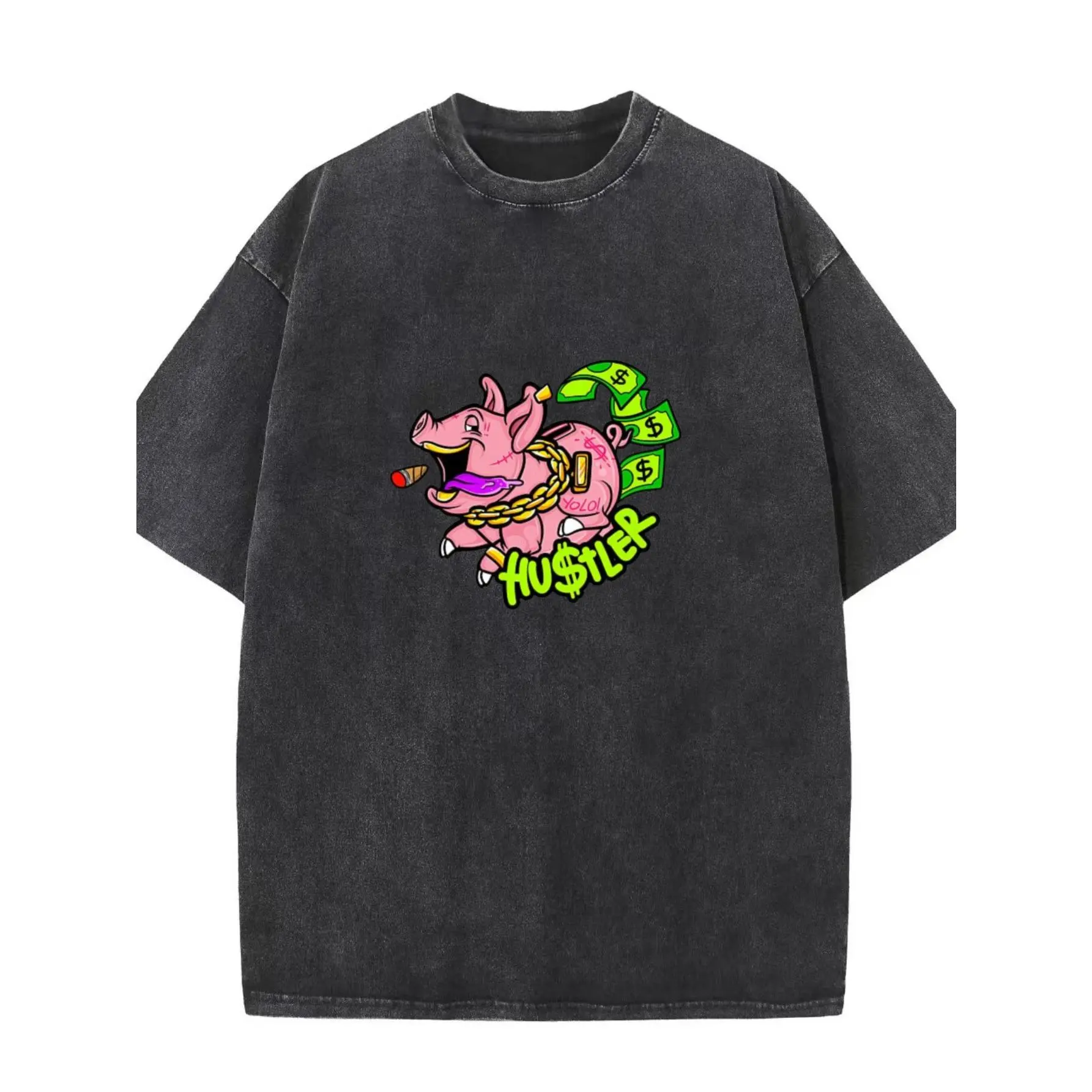 Black oversized T-shirt, featuring a piggy bank, money chain, and dollar sign, perfect for casual street style
