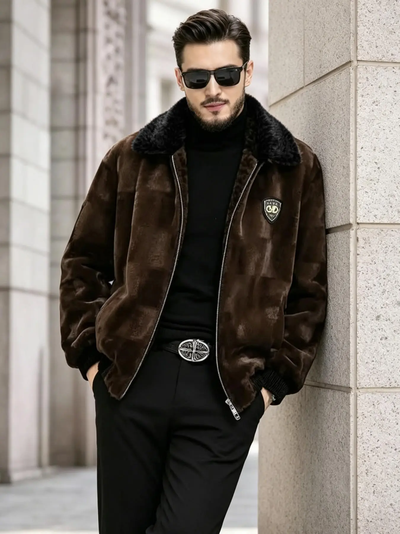 Men's Faux Fur Collared Jacket, Fur Jackets, Long Sleeve, Comfortable Wool Blend Lining, Fitted Plain Minimalist Casual Outerwear for Winter & Fall, Outdoor Activities, Fashionable and Cozy Men's Coat