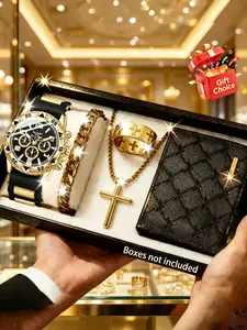 5pcs Men's Luxury Gift Set, Accessories Set, Sports Watch, Cross Pendant, Wallet, Perfect for Birthday, Father's Day, Christmas, Valentine's Day