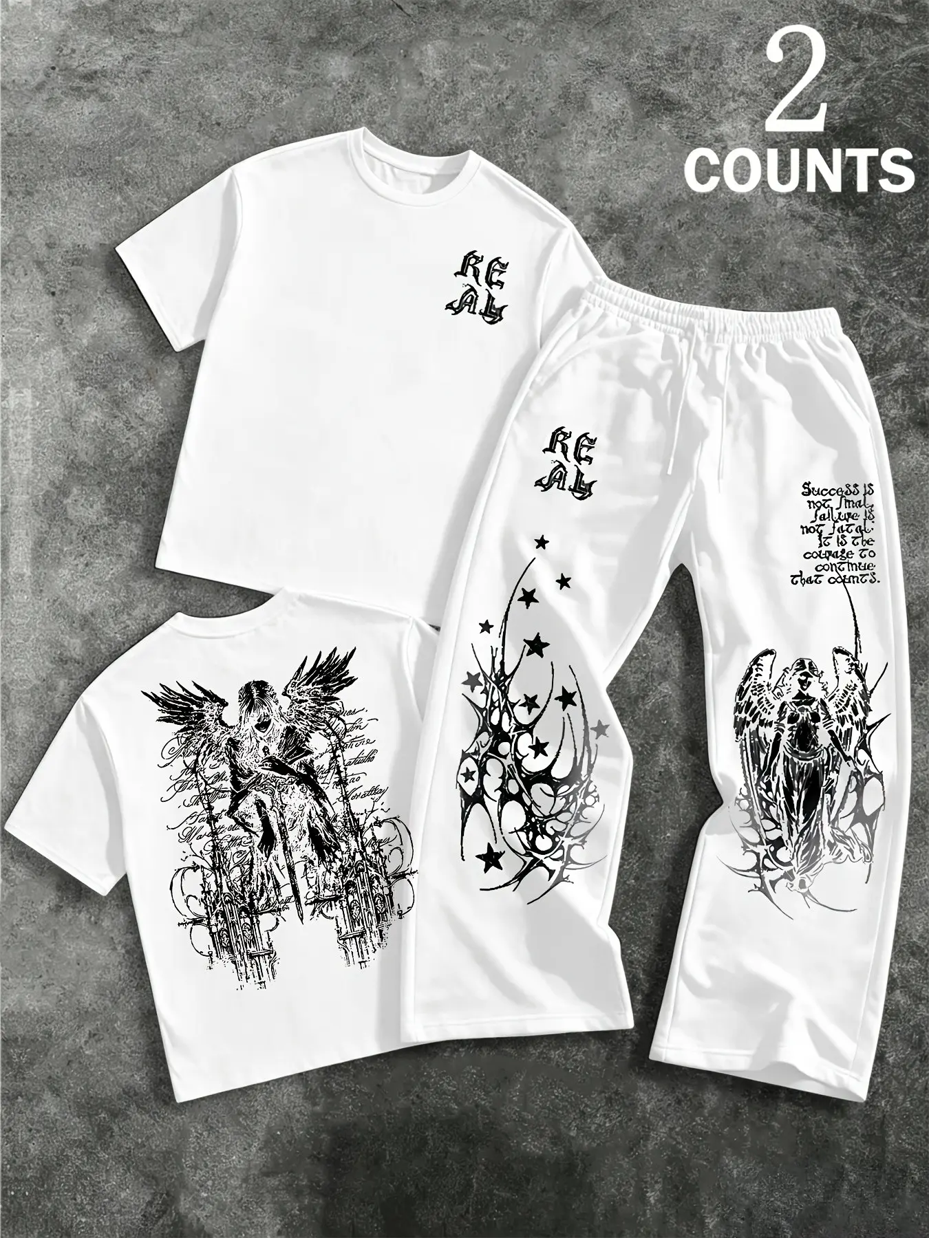 2-Piece Men's Streetwear Set, Clothes, Menswear Oversized Gothic Dark Angel Round Neck Graphic T-Shirt + Baggy Pants, Black Y2K Grunge Aesthetic Outfit, Casual Hip Hop Tracksuit with Star Print, for Teen & Young Adults, Daily Wear & Street Style