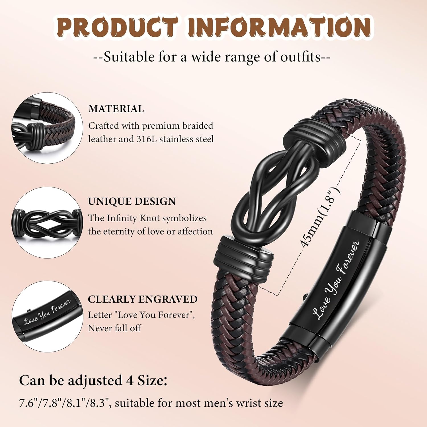 THE WELL KEPT Men's Bracelets Gifts for Men - Brown Braided Leather Infinity Knot Bracelets Engraved Love Massage for Son Man Husband Boyfriend, Personalized Mens Bracelets   for Birthday Christmas