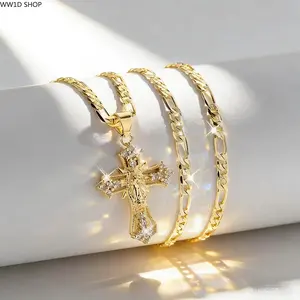 14K Gold Plated Jesus Cross Pendant Necklace with Sparkling Accents, Religious Faith Jewelry with Elegant Chain Design for Daily Wear, Special Occasions and Celebrations