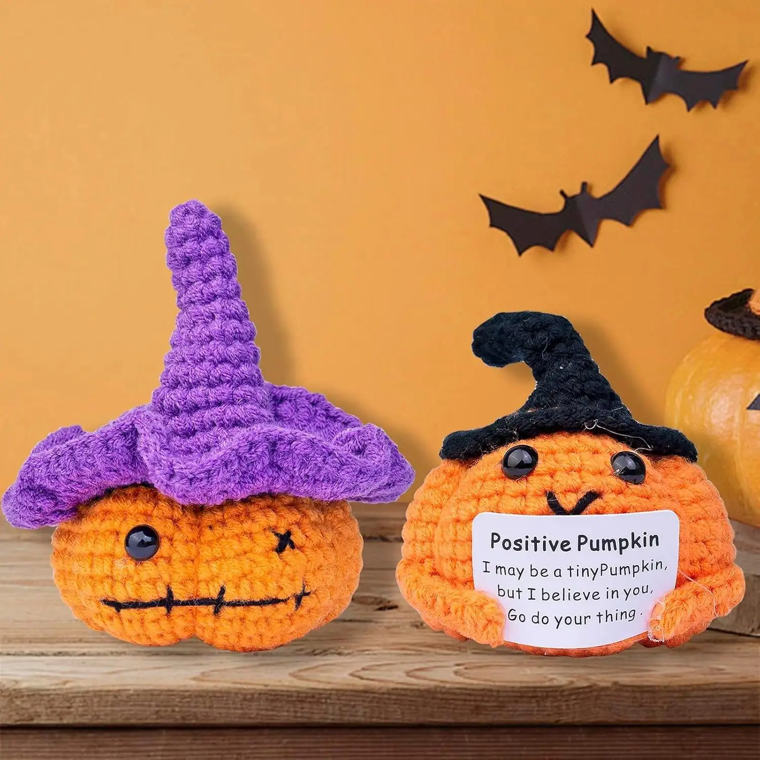 Crochet Pumpkin Knit Plush Doll, a Unique Handcrafting from Soft Synthetic Yarn with a Positive Card - Desk Decor and Thoughtful Gift