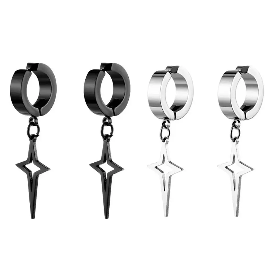 Men's Stainless Steel Clip-On Round Hoop Earrings - Star Pendant Drop Fake Earrings, Fashion Costume Jewelry Accessories
