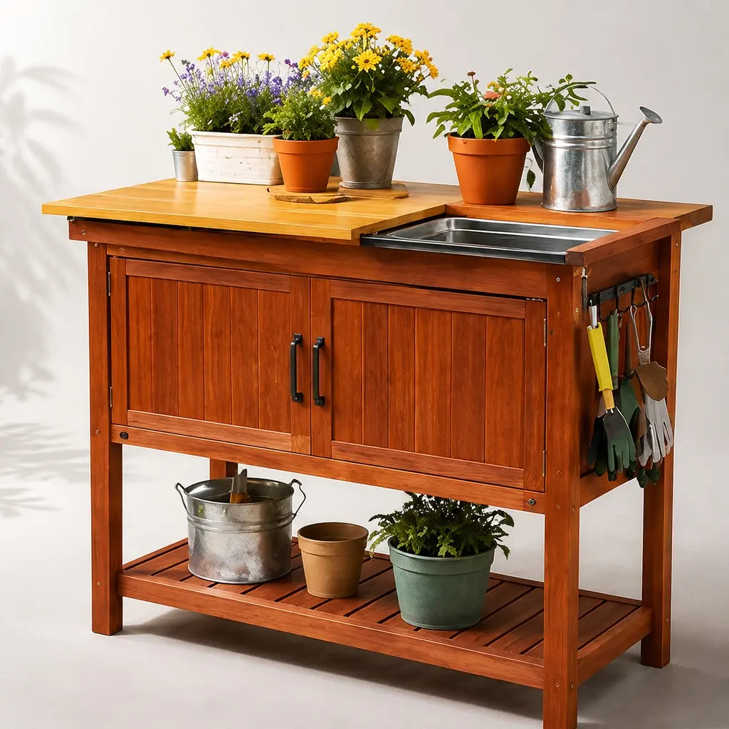Outdoor Wooden Potting Bench Table with Sink and Storage Cabinet, Multifunctional Garden Workstation, Sliding Tabletop, Removable Tray, Bottom Shelf, Side Hooks, Solid Wood, Reddish Brown/Yellow, for Patio Lawn Backyard