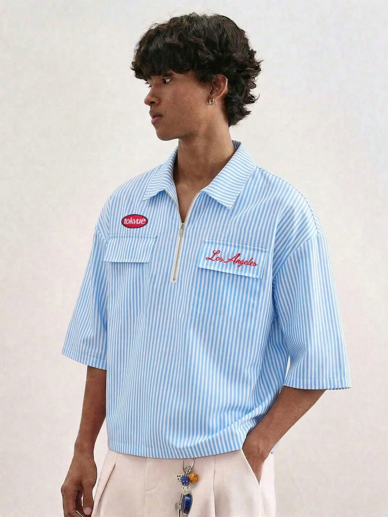 Men's Short Sleeve Shirt with Vertical Stripes, Half-Zipper Design, Blue and, Casual Loose-Fit Top, Embroidered Pattern