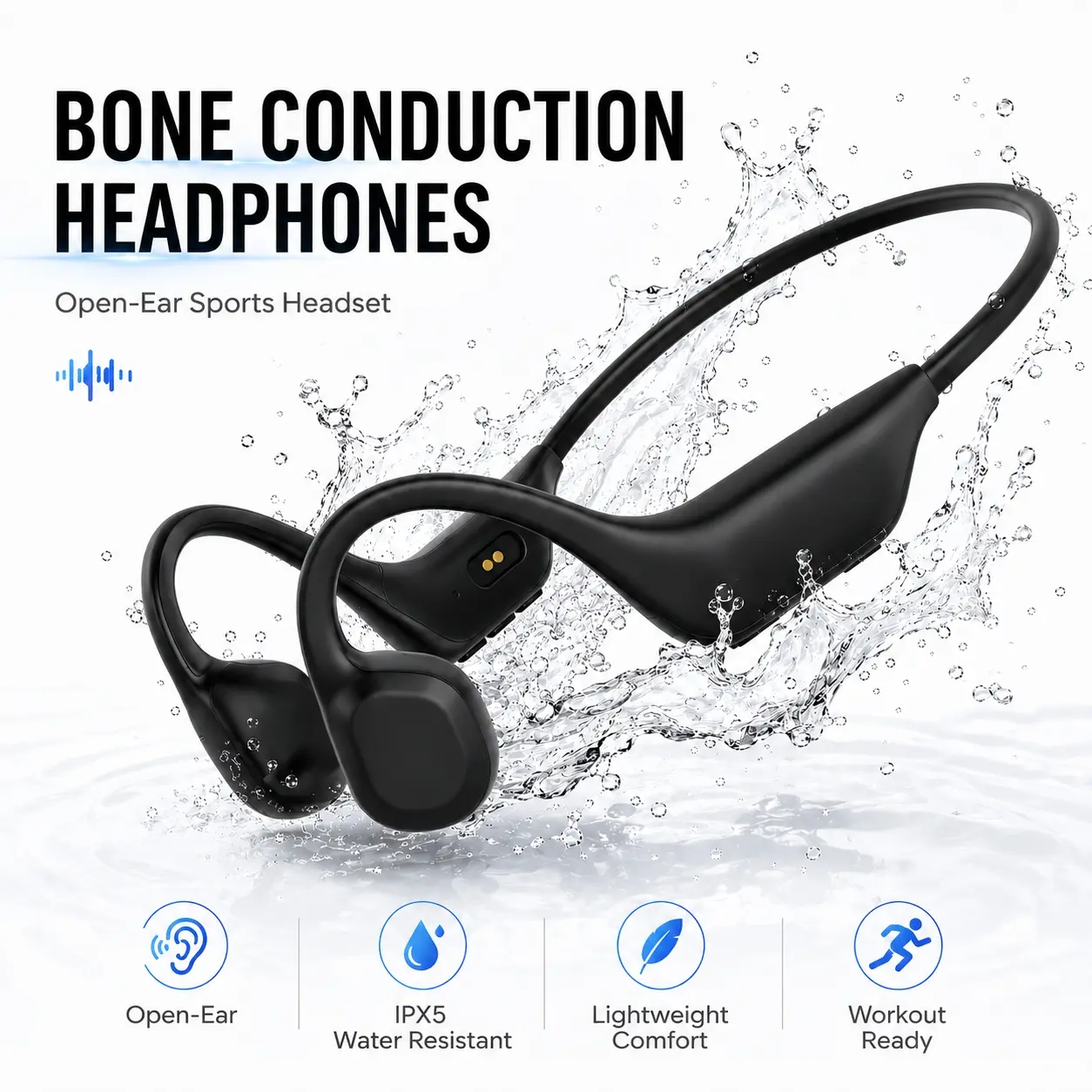 Bone Conduction Headphones, Open-Ear Bluetooth Sports Headset with Secure Fit, IPX5 Water-Resistant and Hands-Free Calls for Running Cycling Workouts