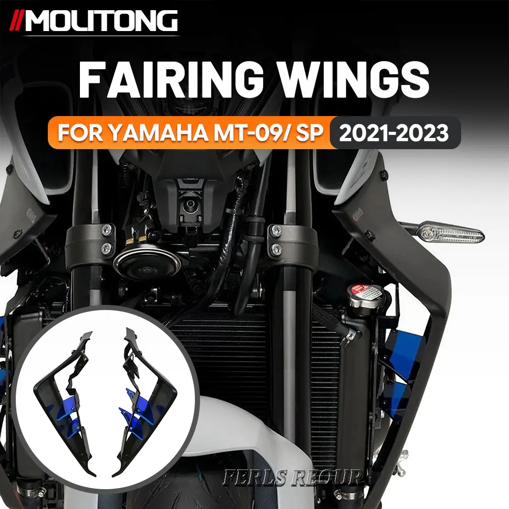 For YAMAHA MT-09 / SP 2021-2023 Motorcycle Aerodynamic Front Fairing Wings Matte Black ABS With Blue Aluminum Bracket Air Spoiler Stabilize High Speed Body Improve Radiator Cooling For Large Displacement Naked Bike Track Riders