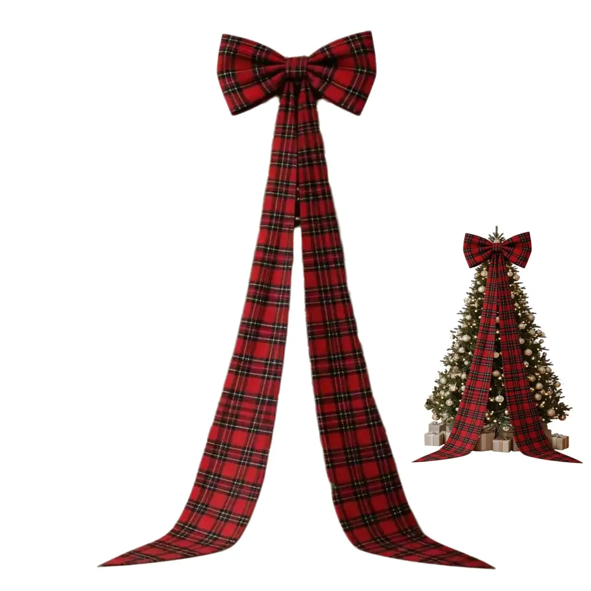 Christmas Plaid Bow, Large Tail Decorative Hanging Ornament, Christmas Tree Top Long Ribbon Bow, Store Window Holiday Decoration