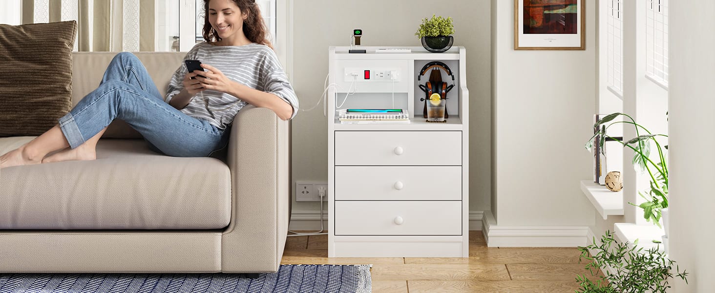 Sikaic Nightstand with 3 Drawers Charging Station White Bedside Cabinet Modern Accent Tables USB Ports Power Outlets Storage Modern Furniture