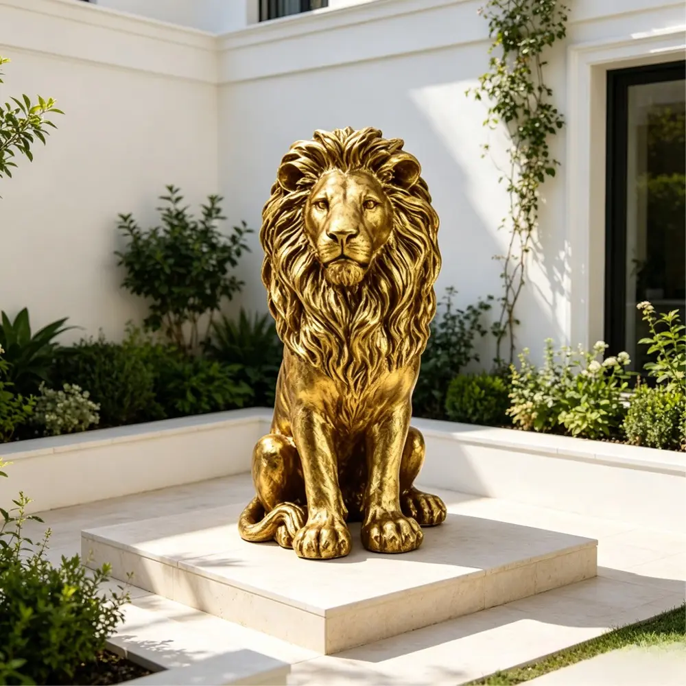 24-In Tall Gold Shiny Weatherproof Resin Sitting Lion Statue - Art Deco Protection Symbol, Lifelike Carving, Villa Decor, Good Fortune Figurine, Resin Sculptures, Garden Animal Statues, Outdoor Garden Accessory, Sturdy Weight, Spot Clean