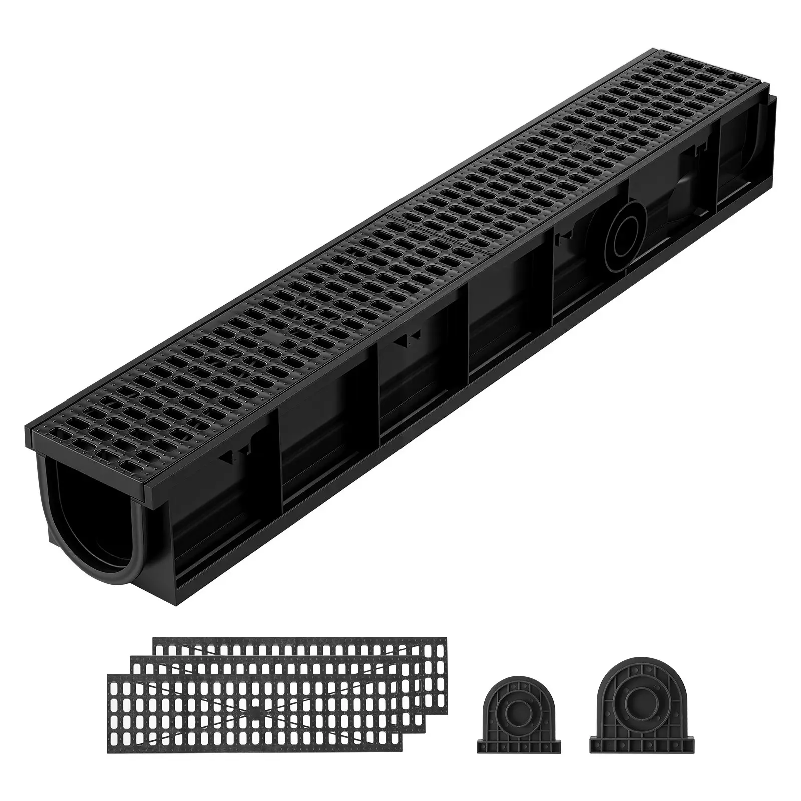 VEVOR Trench Drain, 40.2 x 6.6 x 5.5 in, 6 Pack Linear Drainage Channel, HDPE Channel Drain with Grates & End Caps, Premium Outdoor Drainage System for Driveway, Patio, Pool, Garden, Yard, Black