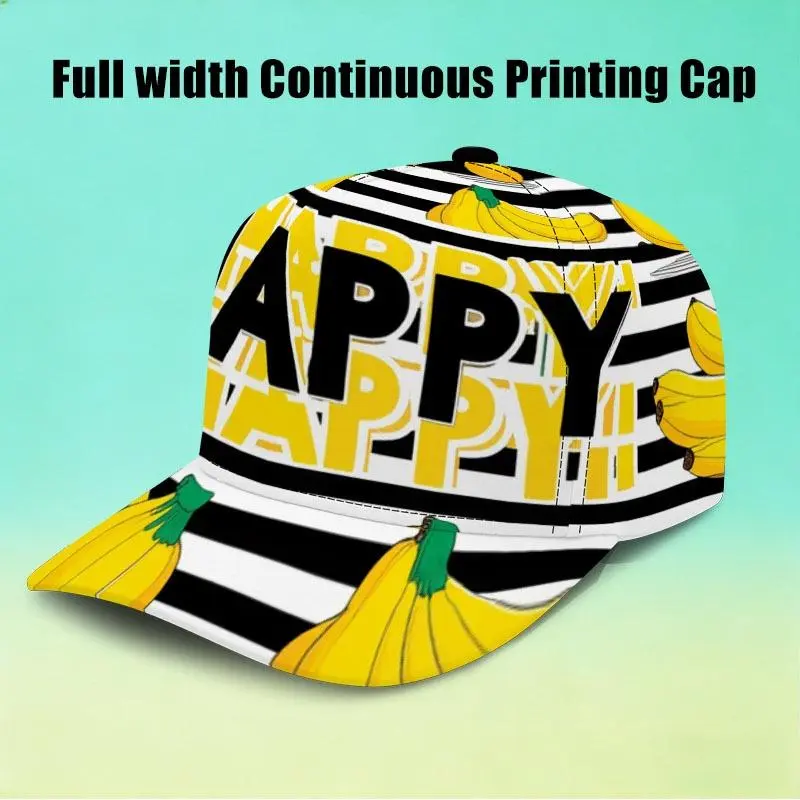 Banana & Black White Stripe Seamless All-Over Print Party Hat, Bold "HAPPY" Letter Design, One Size Fits All in Mixed Color, Lively Accessory for Themed Birthday Parties, Festive Gatherings and Casual Celebration Events