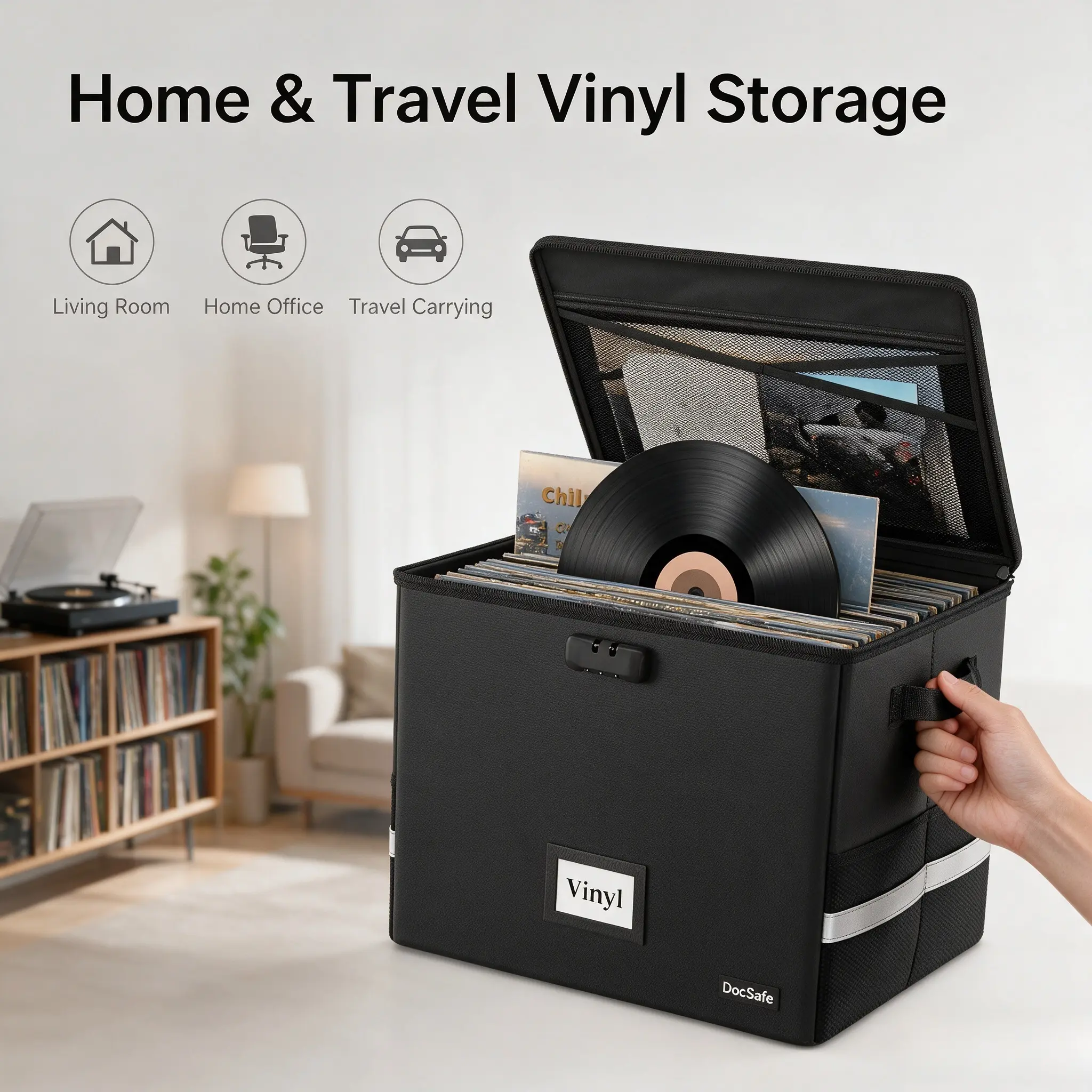 Fireproof & Water Resistant Lockable Vinyl Record Storage Box, Collapsible LP Album Organizer with Lid & Handles, Holds Over 100 Single Records for Vinyl Collectors & Music Lovers, Stores Vinyl Albums, Documents, Photos for Home Storage & Travel