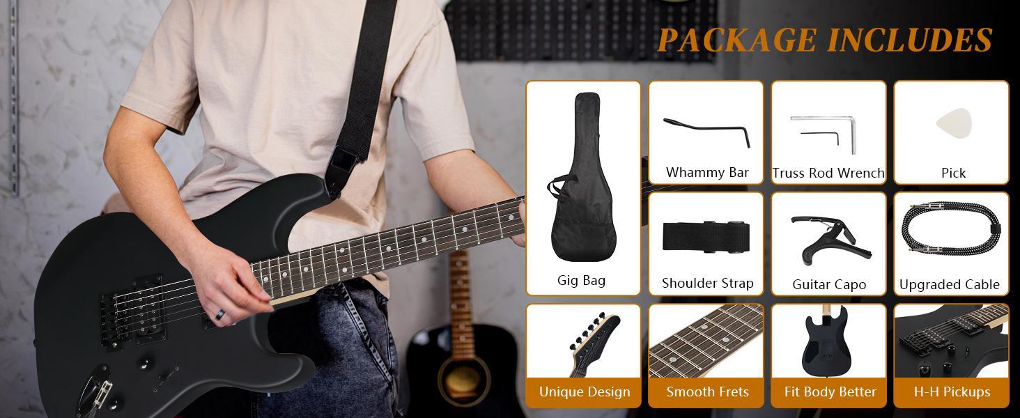 Ktaxon 39 Inch Electric Guitar, Full Size Solid Body H-H / H-S-S Pickups 6 Strings Beginner Guitar Kit With AMP, Upgrade Cable & Guitar Capo, Tremolo Arm, Gig Bag & Strap (Matte Back)