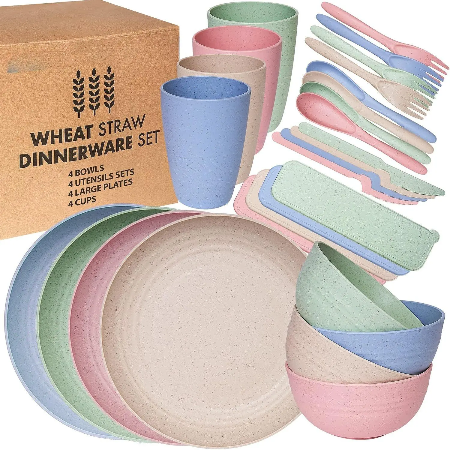 Wheat Straw Dinnerware Sets | Unbreakable Dinnerware Sets | Dishwasher Microwave Safe Dinnerware |  Non Breakable Dinnerware Sets | RV Outdoor Camping (Multi, Service for 4 (28 pcs))