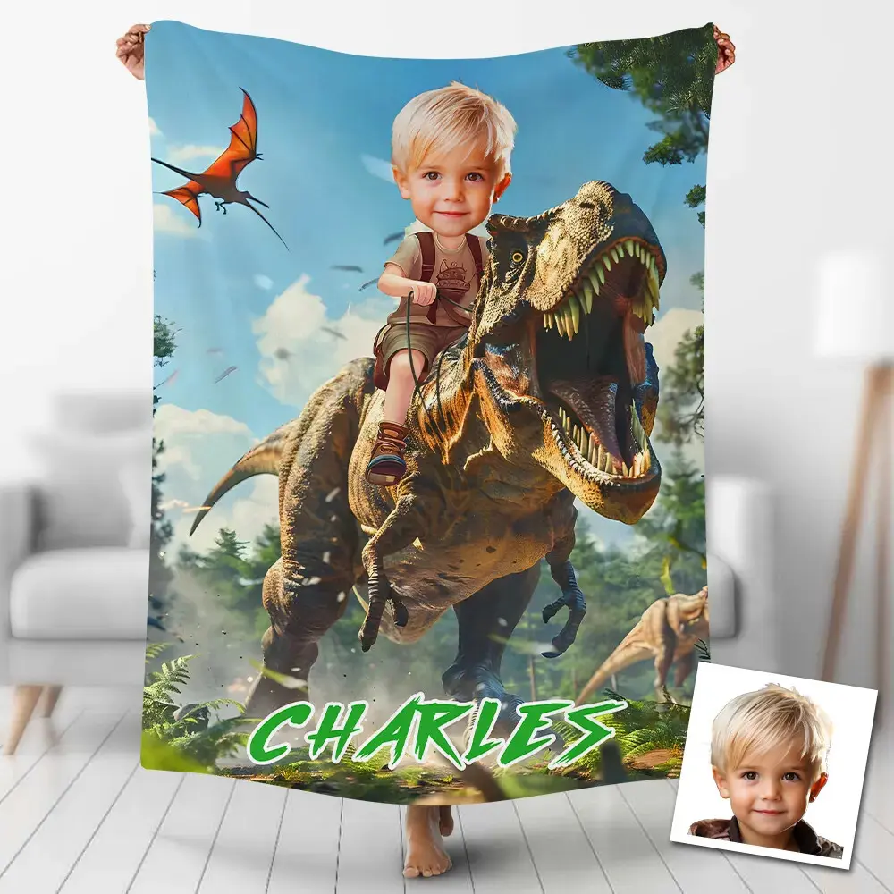 Custom Dinosaur Themed Blanket - Soft Warm Flannel Throw with Personalized Photo, Custom Name & T-Rex Print, Unique Present for Dinosaur Enthusiasts, Dinosaur Themed Blankets