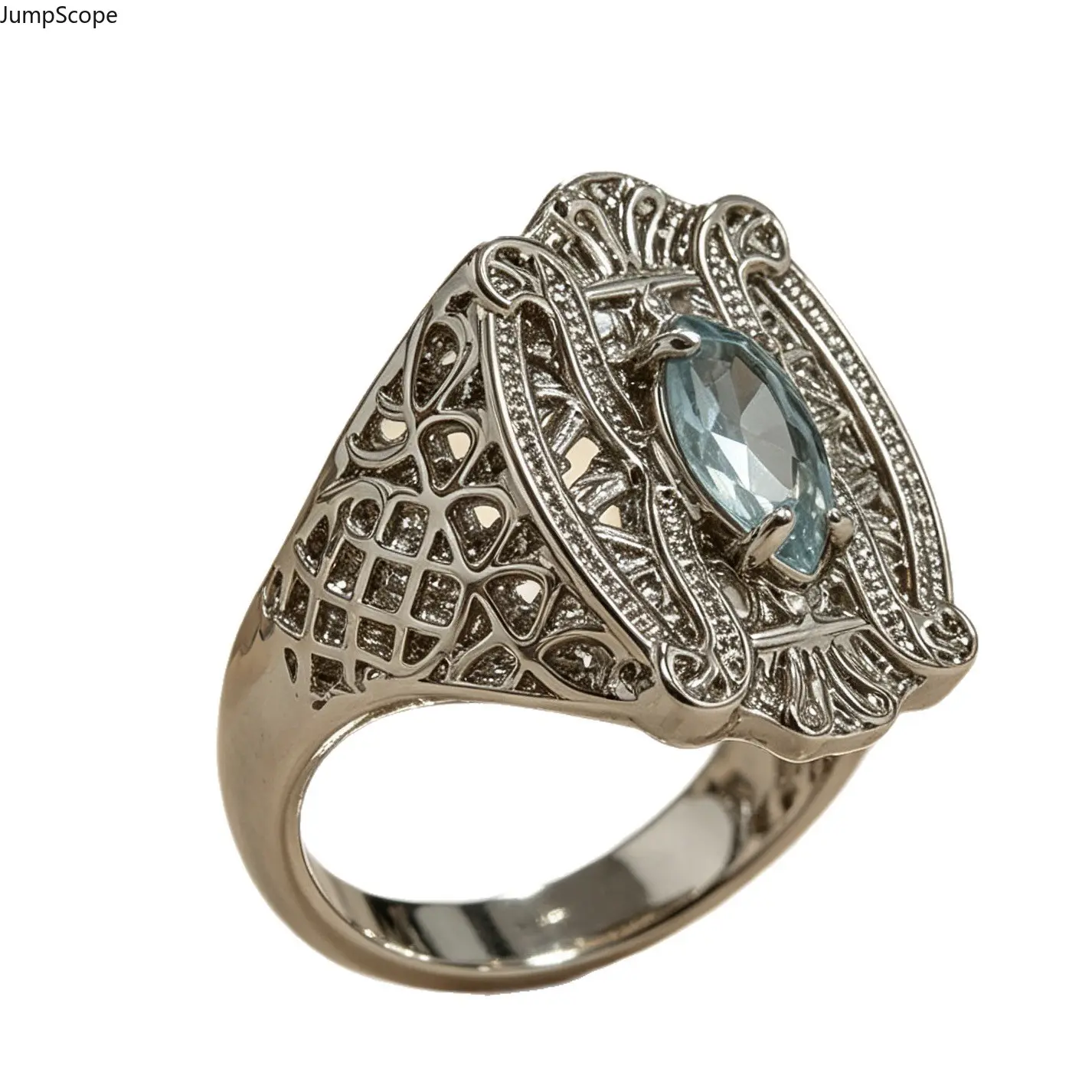 Antiqued Silver-Plated Ornate Scroll Ring for Women, Statement Band with Marquise Cut Aquamarine Stone for Formal & Daily Wear, Rings, Female, Gemstone Rings, Openwork Ring