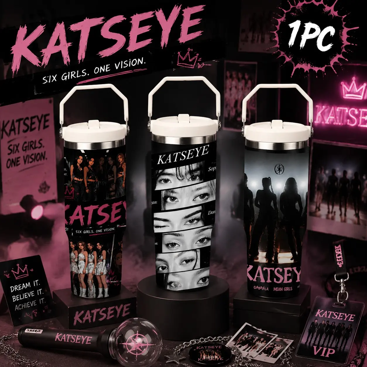 KATSEYE Inspired 30oz Tumbler Cup, Portable Insulated Tumbler, Dark Star Black & White Insulated Water Bottle with Handle, Mystic Girl Vibes, Girl Power Collection, Kpop Fan Gift, Concert Merch, Birthday Holiday Gift for Her