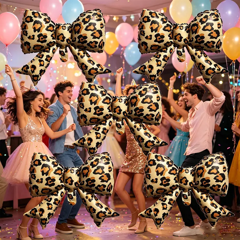 5 pieces of 21-inch brown leopard print bow foil balloons, birthday and wedding party decorations, anniversary celebration, bridal shower supplies, indoor and outdoor decorative props
