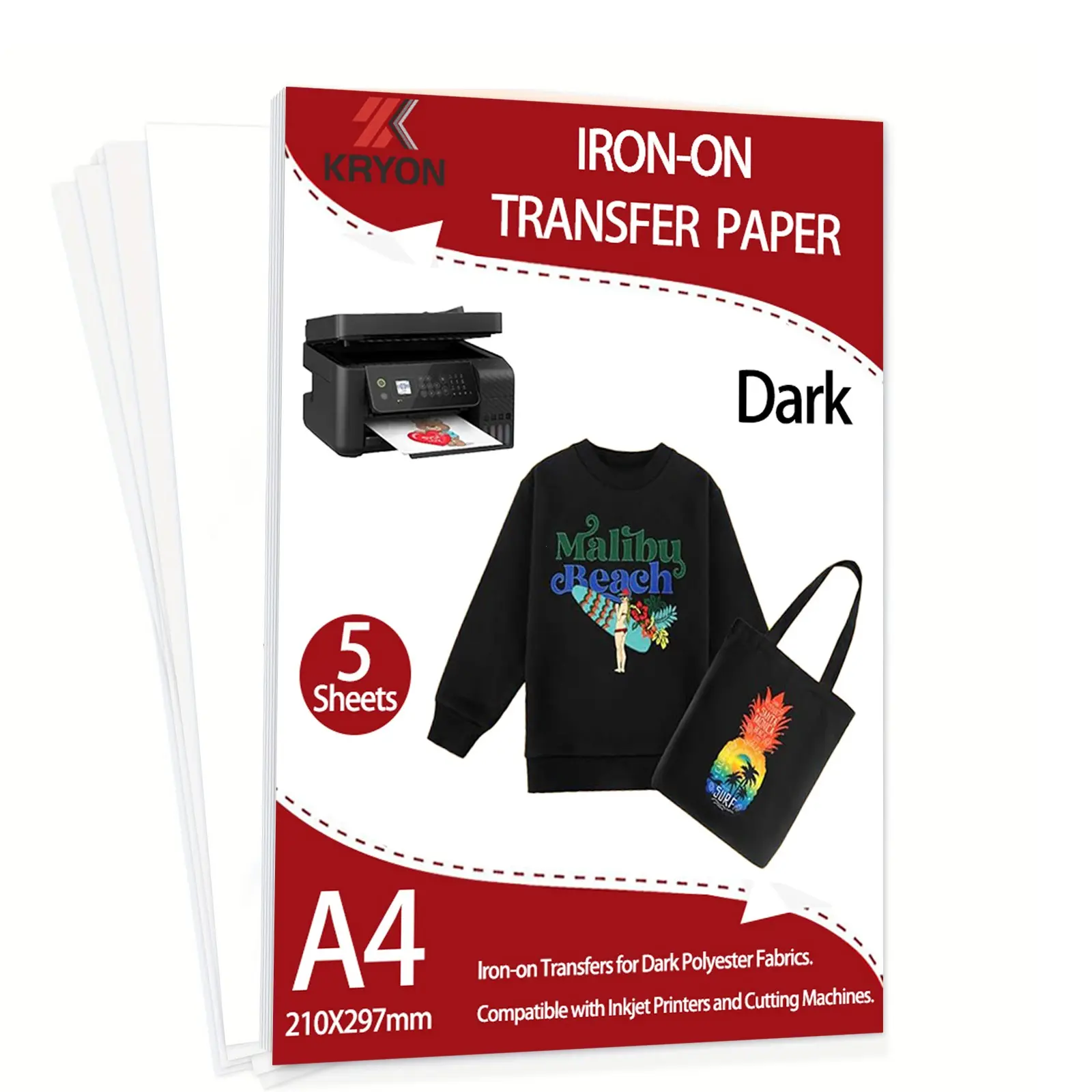 5 Sheets A4 Heat Transfer Paper for Dark Fabric, 8.3" X 11.7" Printable Vinyl, Vivid Color, Durable Iron on Transfer for T-Shirts