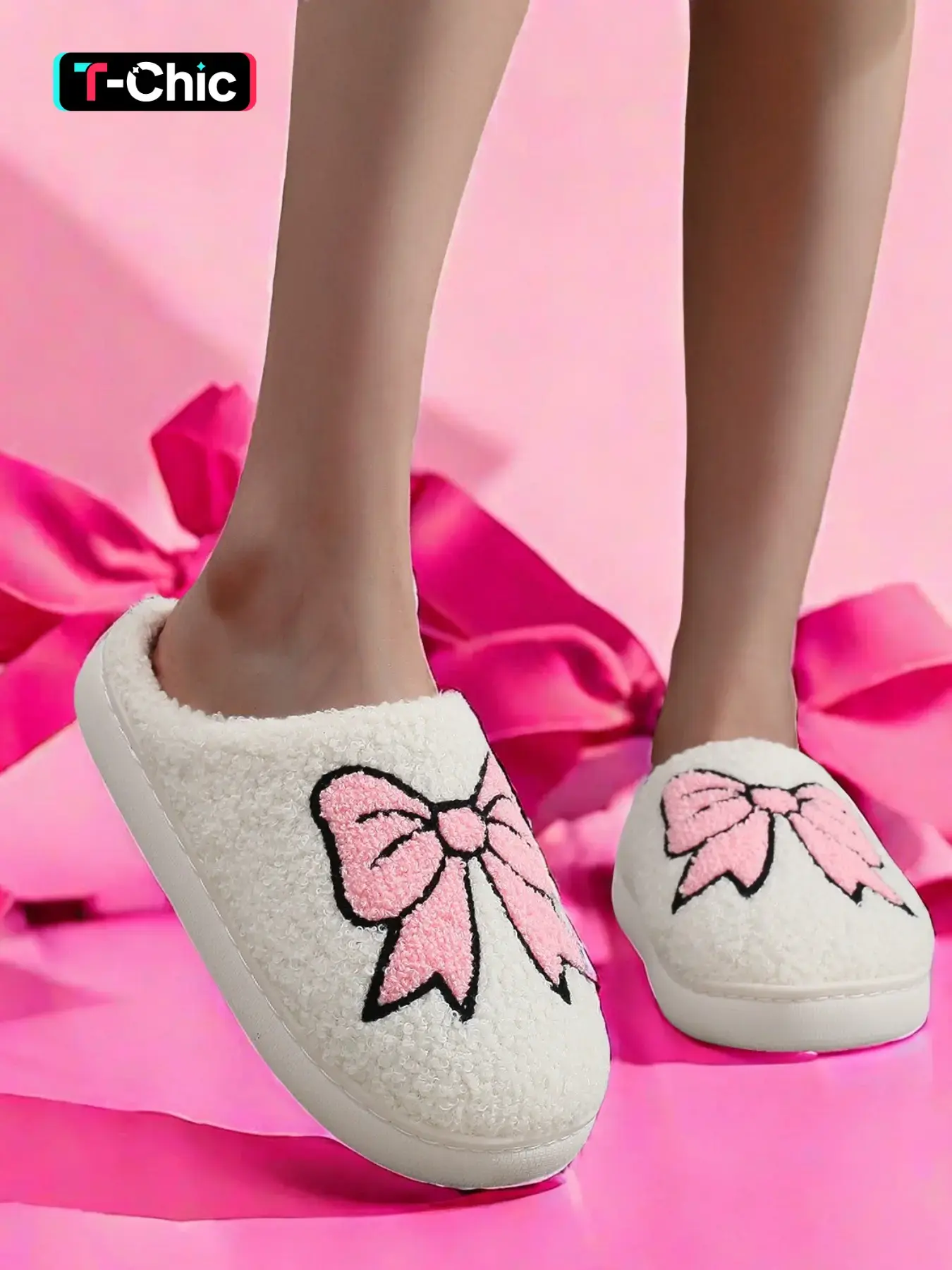Women's Cute Cartoon Bowknot Pattern Plush Slippers, Casual Soft Comfortable Home Slippers, Warm Soft Sole Slippers for Indoor & Outdoor Use for Fall & Winter, Warm House Slippers, Autumn Winter Slippers