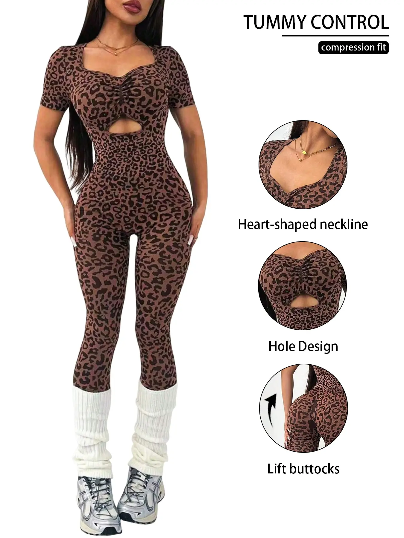 Leopard Print Jumpsuit Women, Chest Ruched Waist Hollow Out Peach Butt High Stretch Slim Fit Yoga Sports Jumpsuit, Long Pants