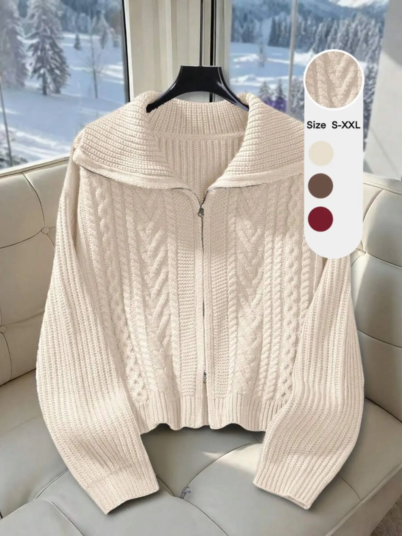 Soft Knit Pullover for Women, Unique Design Long Sleeve Zipper Coat, Loose Fit Turn-Down Collar Sweater, Fall Winter Casual Outerwear Knitwear Style