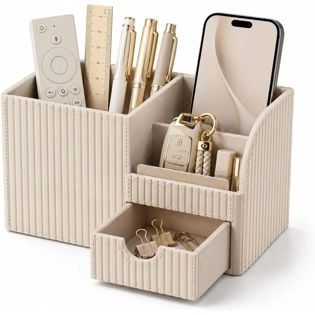Luxury PU Leather Desk Organizer with Drawer, Modern Aesthetic Office Desk Accessories for Men & Women, Multi-Compartment Pen Holder & Desktop Storage Organizer for  Office
