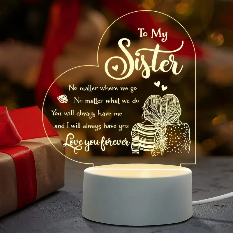 1pc Sister Heart-Shaped Acrylic Camping Night Light - USB-Powered, Ambient Glow, Heart Message - Ideal for Bedrooms, Desks - Perfect Gift for Birthdays, Christmas (Sports & Outdoor Lights & Lanterns)