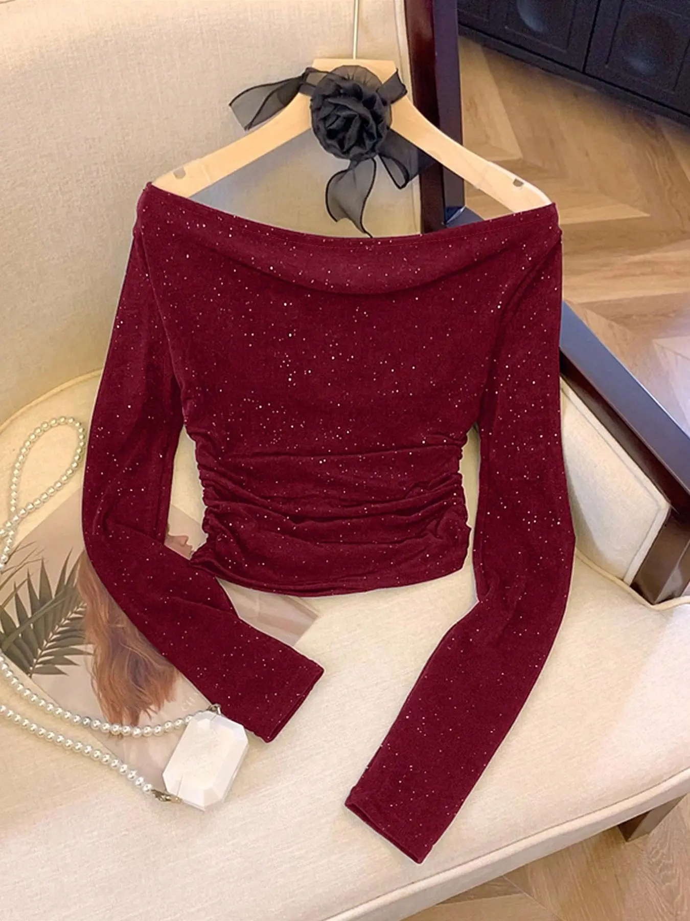 Women's Sequined Off-Shoulder Long Sleeve Top Fabric, Elegant Chic Slim Fit Shirt for Office & Streetwear, Perfect for Parties & Dates