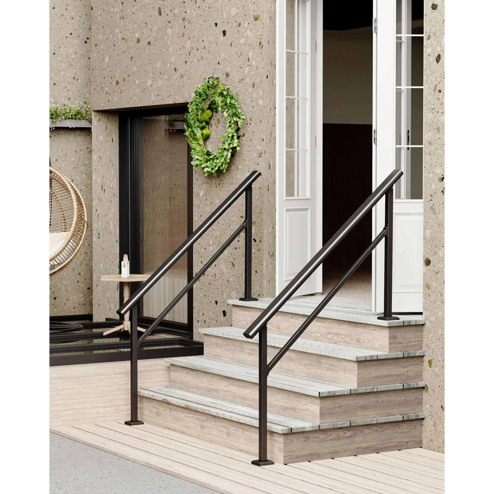 Heavy-Duty Metal Stair Handrail for 1-6 Outdoor or Indoor Steps – Adjustable Height Aluminum & Wrought Iron Railing, Safety Banister for Porch, Deck, Concrete, DIY Kit