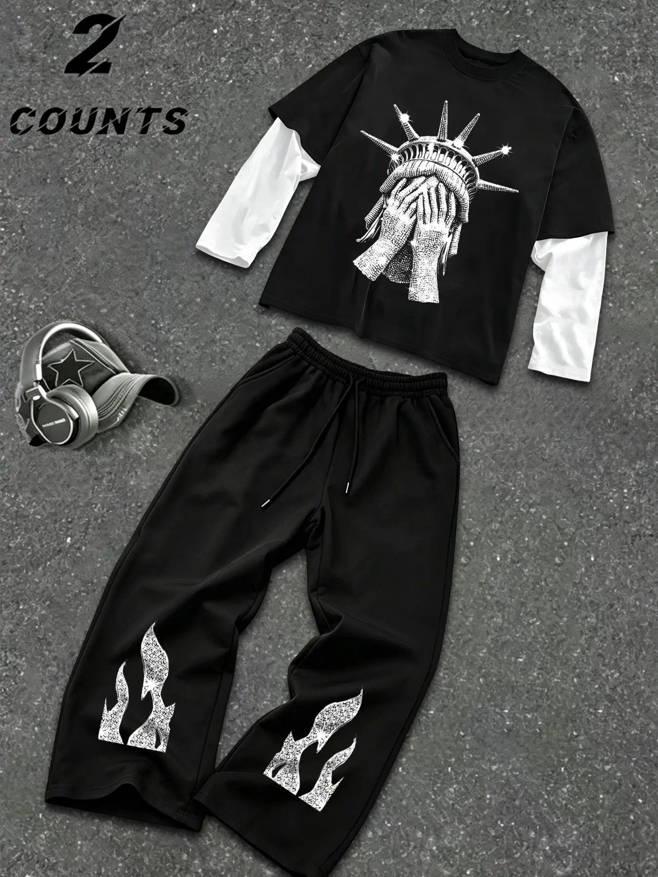Men's Two-Piece Statue of Liberty Print Long Sleeve Top + Rhinestone Flame Wide Leg Sweatpants Set, Streetwear Style, Loose Fit, Y2K Fashion
