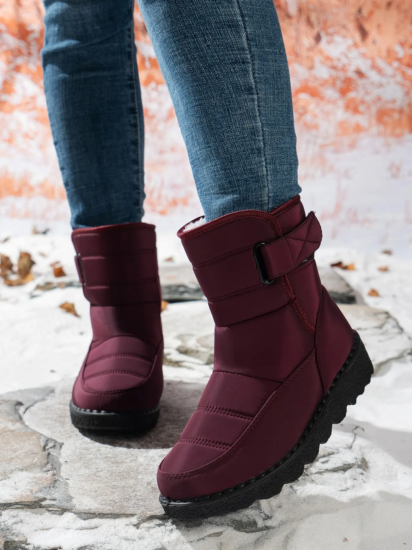 Women's Waterproof Down Jacket Magic Tape Snow Boots, Thick Plush Lining, Wave Anti-Slip Sole, Warm Winter Shoes for Outdoor Use Footwear