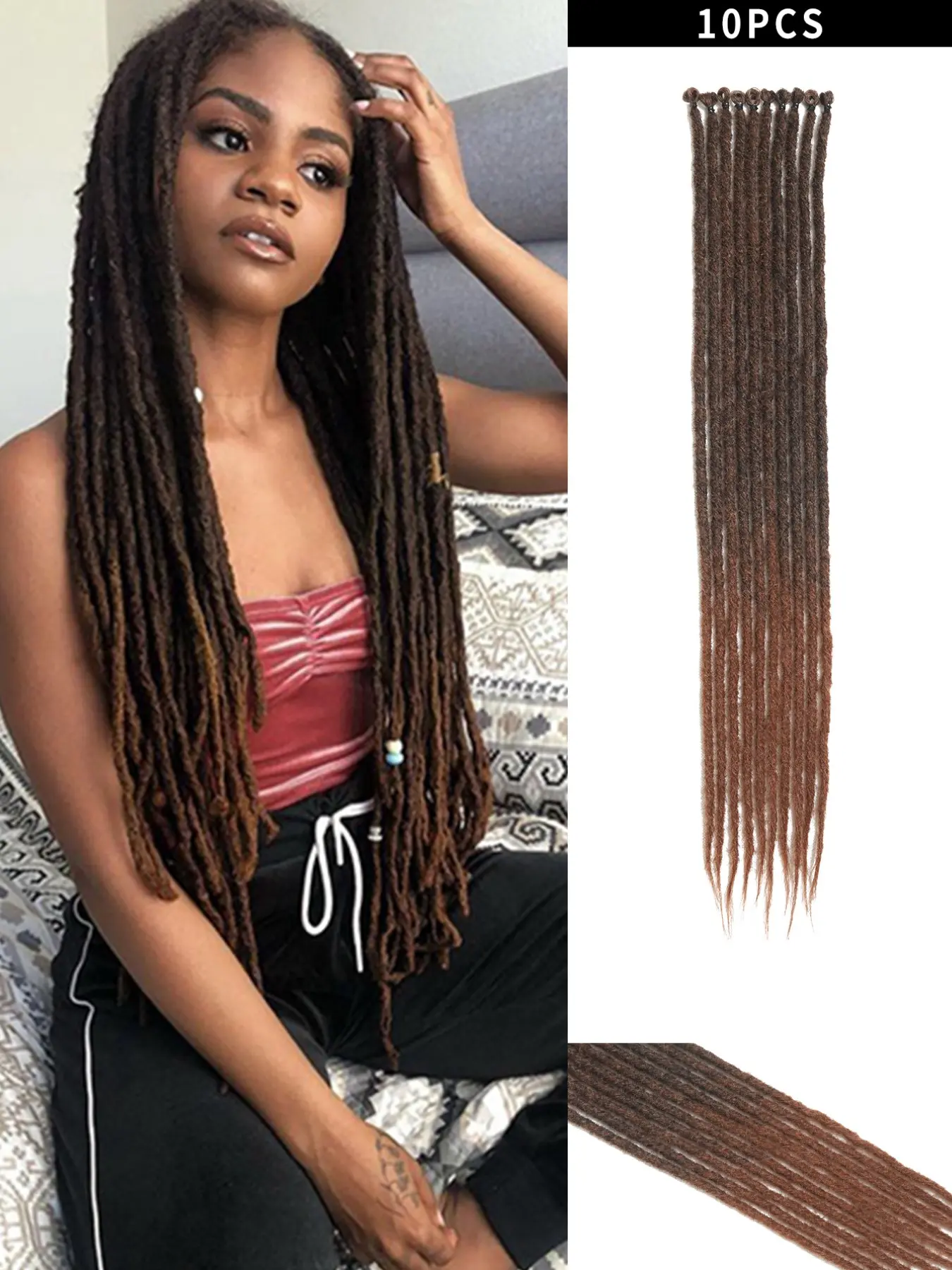 24" Ombre Brown Faux Locs – 10PCS Handmade Crochet Dreadlock Extensions for Women, Synthetic Hairpiece Soft Lightweight Single Ended Dreads for Daily Wear & Festival Looks