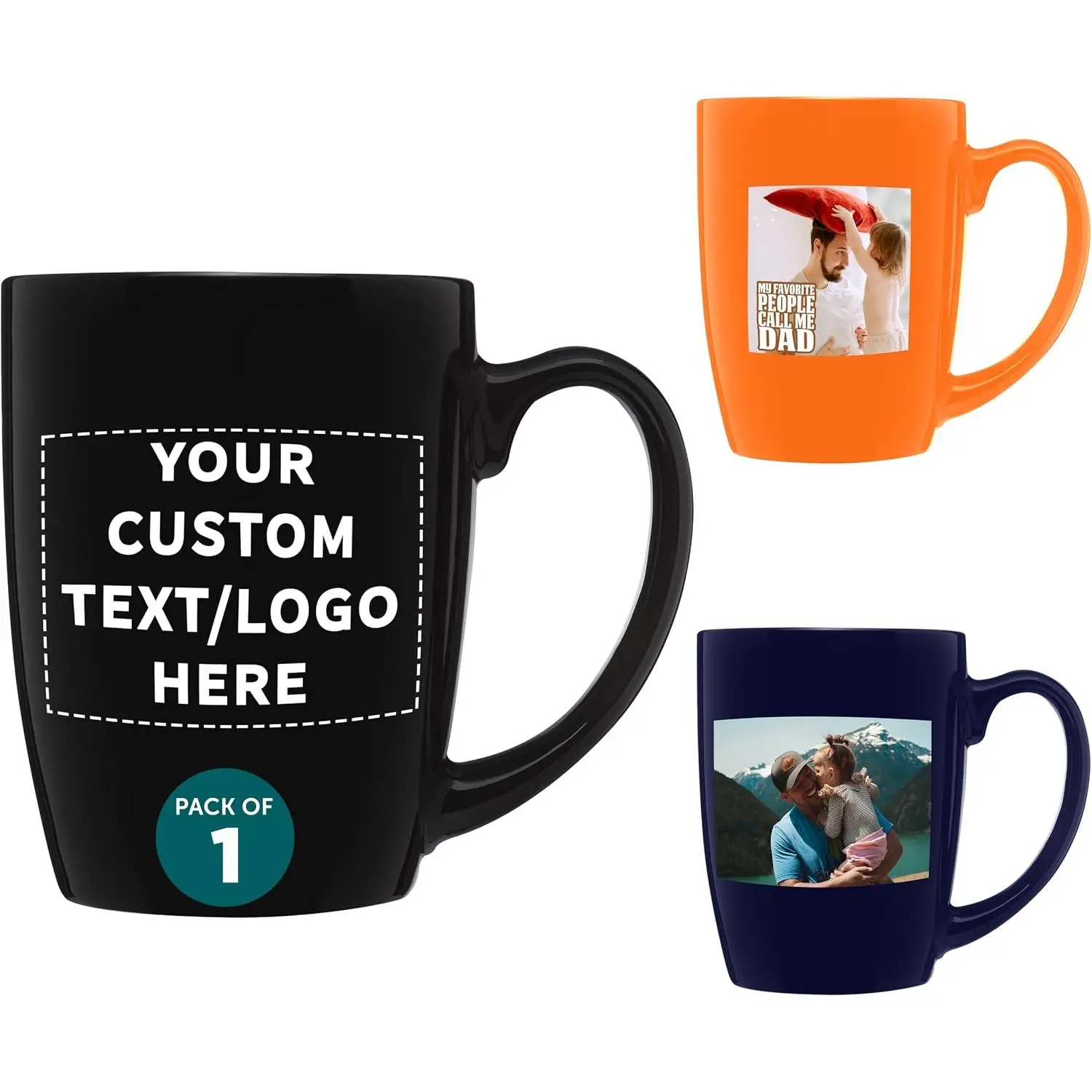 Custom Curved Java Coffee Mug Set - 1 Pack - Personalized Logo, Text - 12 Oz. - Stoneware Restaurant Cups - Black