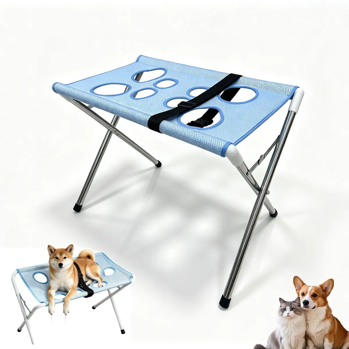 Foldable Pet Grooming Hammock with Stand, Dog Bath Hammock for Small Dogs & Cats, Portable Pet Grooming Bed with Breathable Mesh Frame for Nail Trimming, Bathing & Drying，Blue：Regular