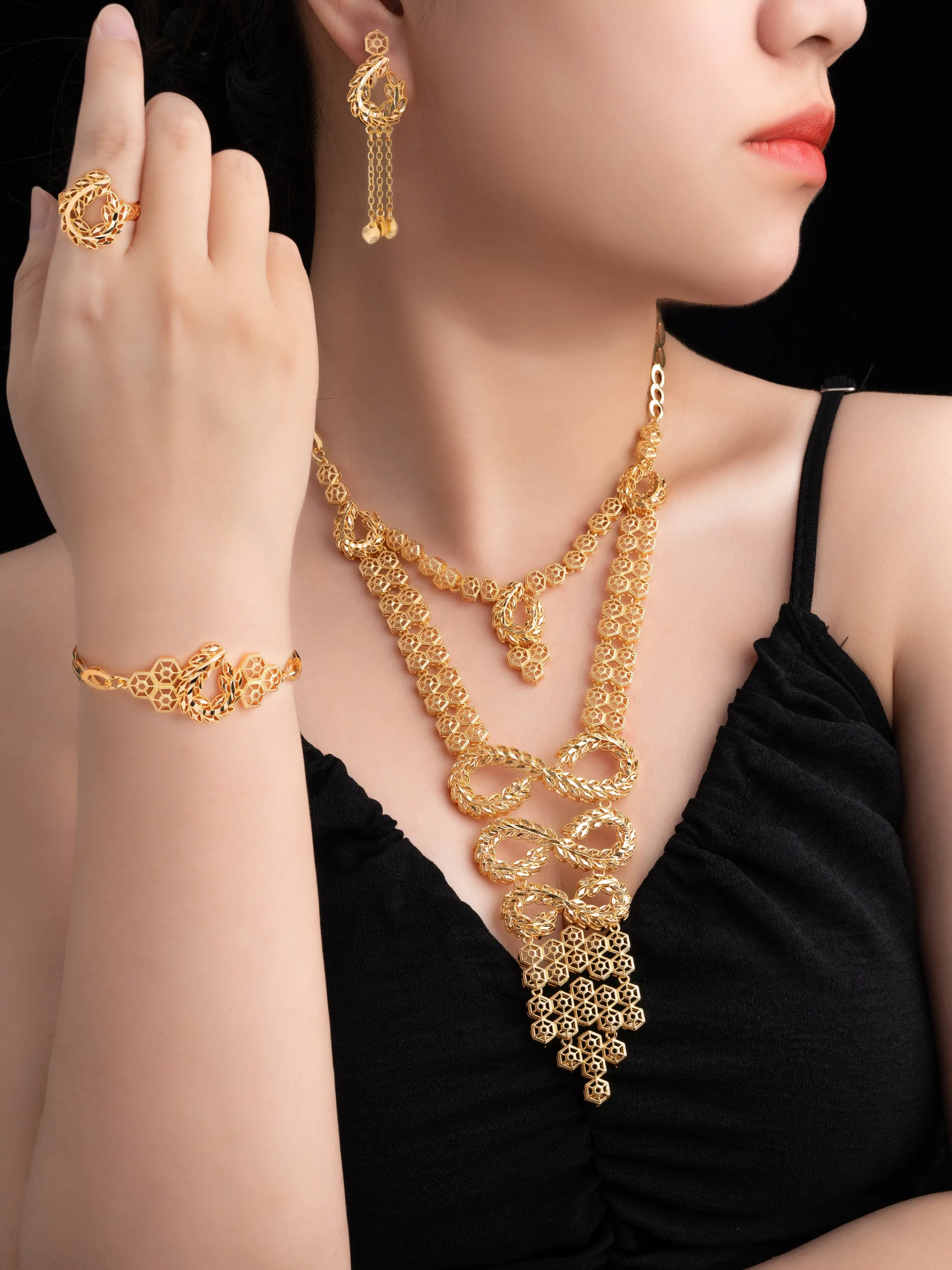 5 Piece Geometric Shape Infinity Scarf and Double Layer Necklace Set, 22k Plated Copper Jewelry, Arabian Indian Style Fashion Gift for Weddings and Parties