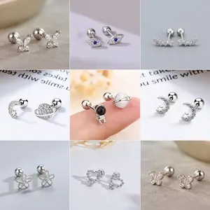 Silver Color Screw Back Helix Piercing Stud Earrings For Women Cubic Silver Needles Cartilage Earring Jewelry