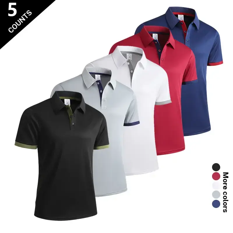 Men’s five pack athletic polo shirts in a business fashion style with contrast color at the placket and cuffs; breathable, sweat wicking, skin friendly, and non claustrophobic even when sweaty. Suitable for friends’ gatherings, business meetings, outdoor