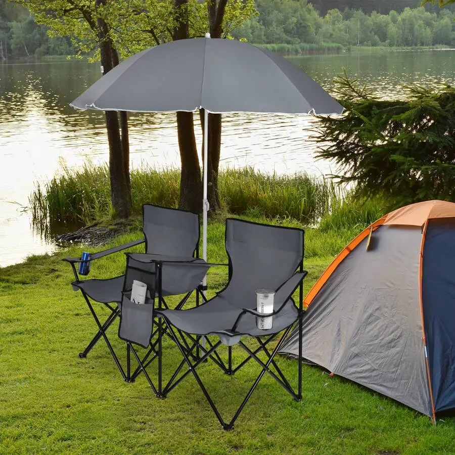 Folding Double Picnic Chair with Umbrella Table and Cooler Bag, Portable 2 Person Camping Chair, Outdoor Beach Chair for Patio Garden Park Travel, Turquoise Black Red Gray Multiple Colors